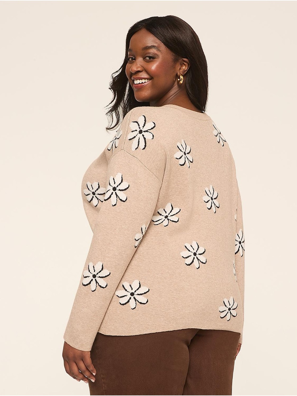 Lane Bryant Beige Floral Crew Sweater with White & Black Blooms